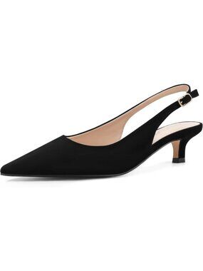 Women's Black Suede Kitten Heel Slingback Pointed Closed Toe Ankle Strap Shoes